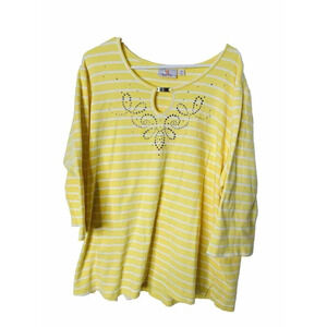 Quacker Factory Tunic Shirt 2X Yellow Stripe Keyhole Neck Embellished Rhinestone